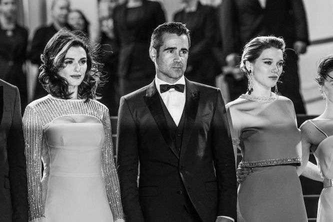 CANNES, FRANCE - MAY 15: (EDITORS NOTE: Image has been converted to black and white.) An alternative view of Rachel Weisz, Colin Farrell, and Lea Seydoux during the 68th annual Cannes Film Festival on May 15, 2015 in Cannes, France. (Photo by Vincent Desailly/Getty Images)