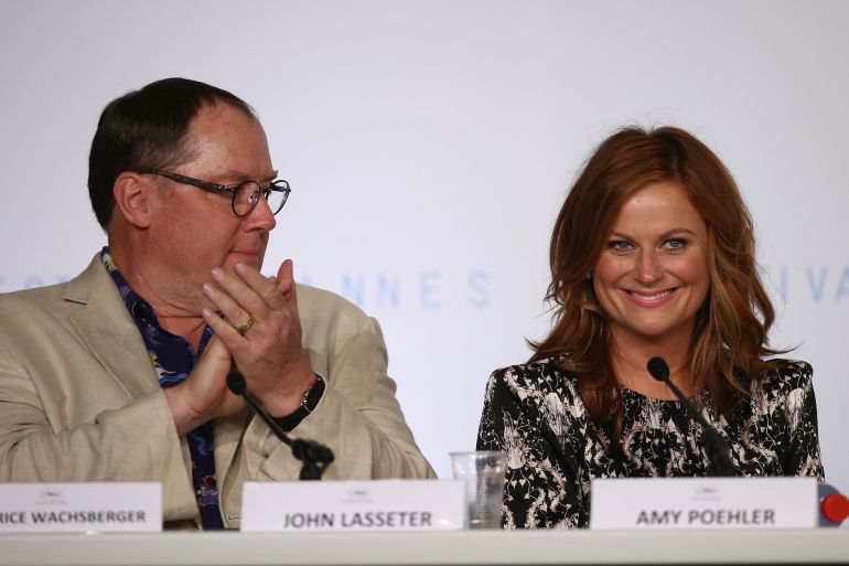 CANNES, FRANCE - MAY 18:  Chief Creative Officer at Pixar, Walt Disney Animation Studios and DisneyToon Studios John Lasseter and actress Amy Poehler attend the press conference for "Inside Out" during the 68th annual Cannes Film Festival on May 18, 2015 in Cannes, France.  (Photo by Andreas Rentz/Getty Images)