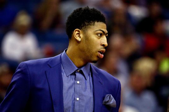 Mar 20, 2016; New Orleans, LA, USA; New Orleans Pelicans forward Anthony Davis out with a left knee injury looks on from the bench during the first quarter of a game against the Los Angeles Clippers at the Smoothie King Center. Mandatory Credit: Derick E. Hingle-USA TODAY Sports