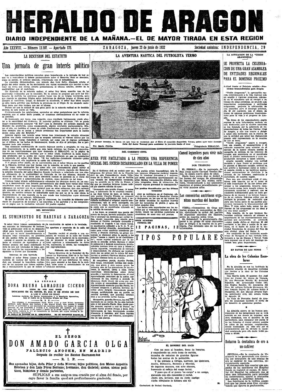 Periódico HERALDO DE ARAGÓN. Fecha: 23 de junio de 1932. Portada. Enlace: www.heraldo.es Periódico HERALDO DE ARAGÓN. Fecha: 23 de junio de 1932. Portada. Enlace: www.heraldo.es