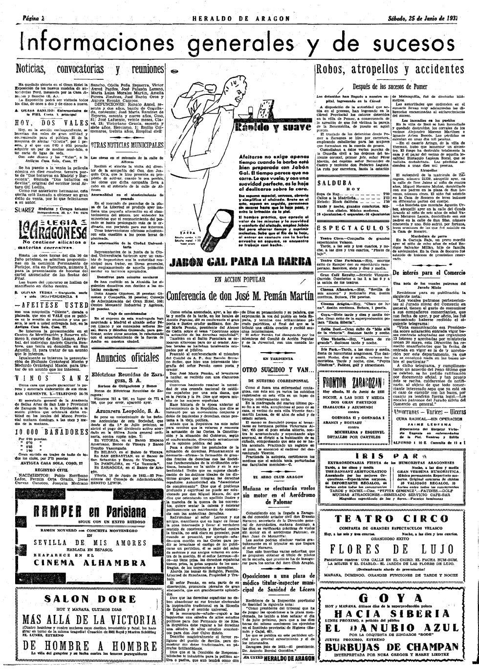 Periódico HERALDO DE ARAGÓN. Fecha: 25 de junio de 1932. Página 2. Enlace: www.heraldo.es Periódico HERALDO DE ARAGÓN. Fecha: 25 de junio de 1932. Página 2. Enlace: www.heraldo.es