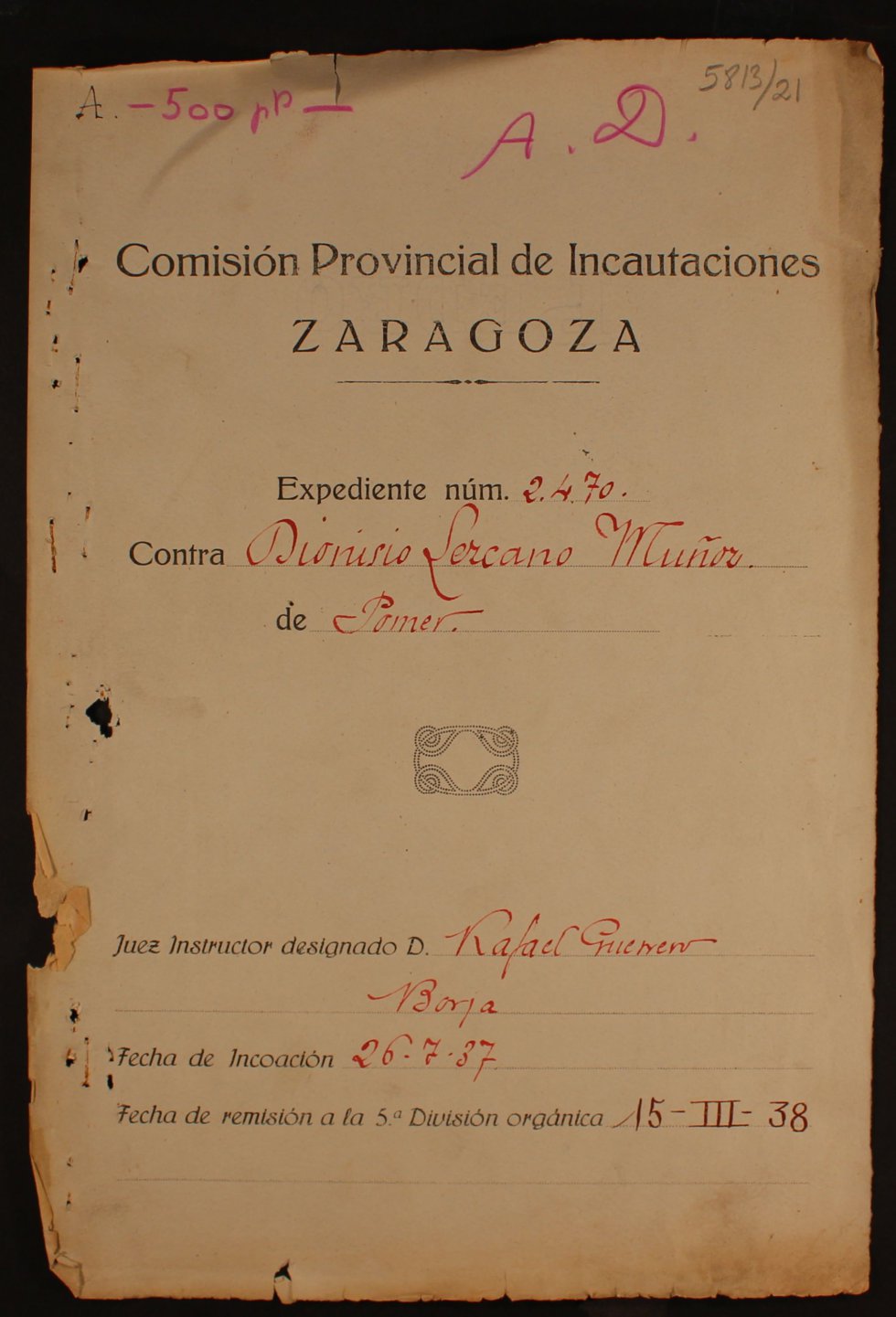 Documento pertenenciente al archivo de la Comisión Provincial de Incautaciones de Zaragoza, con fecha del 26 de julio de 1937. Documento pertenenciente al archivo de la Comisión Provincial de Incautaciones de Zaragoza, con fecha del 26 de julio de 1937.
