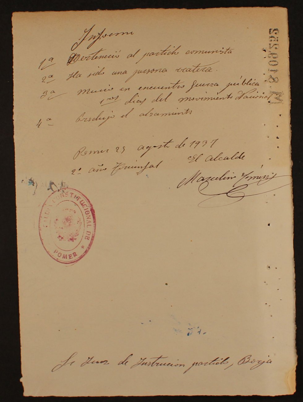 Documento pertenenciente al archivo de la Comisión Provincial de Incautaciones de Zaragoza, con fecha del 26 de julio de 1937. Documento pertenenciente al archivo de la Comisión Provincial de Incautaciones de Zaragoza, con fecha del 26 de julio de 1937.