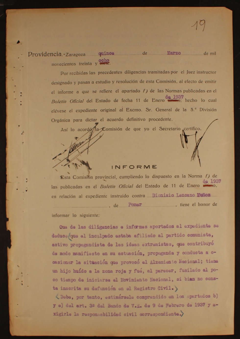 Documento pertenenciente al archivo de la Comisión Provincial de Incautaciones de Zaragoza, con fecha del 26 de julio de 1937. Documento pertenenciente al archivo de la Comisión Provincial de Incautaciones de Zaragoza, con fecha del 26 de julio de 1937.