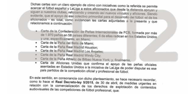 Fragmento de la carta Javier Tebas, presidente de LaLiga, a Luis Rubiales, presidente de la RFEF, explicando que tiene el "respaldo incontestable y rotundo" de la afición española para que el Girona - Barcelona se dispute en Miami