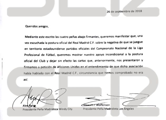 Fragmento de la carta abierta de cuatro peñas del Real Madrid en Estados Unidos posicionándose a favor de la postura oficial del club y recalcando que cuando dieron su apoyo a Aficiones Unidas pensaban que estos había contactado antes con el Real Madrid