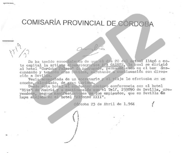 La dictadura sometió a vigilancia a Ava Gardner, como se ve en esta nota policial de 1964 de la comisaría provincial de Córdoba.