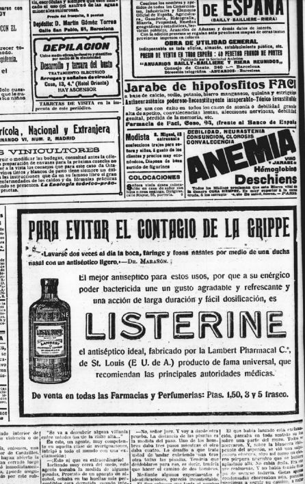 Publicidad en el 'Diario de Avisos de Zaragoza', del 20 de noviembre de 1918, en el que el doctor Gregorio Marañón recomendaba el uso de enjuague bucal de una conocida marca contra la gripe