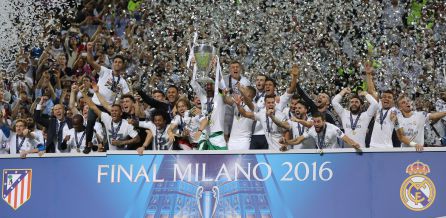 The Real Madrid squad celebrates the 2016 Champions League