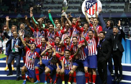 Atlético de Madrid players celebrate their European Super Cup, won against Real Madrid