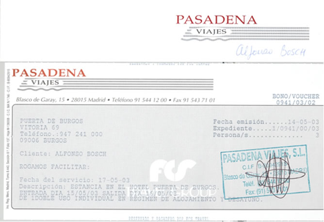 BOno de hotel facturado al PP con motivo del mitín de Aznar en Burgos, el 15 de mayo de 2003
