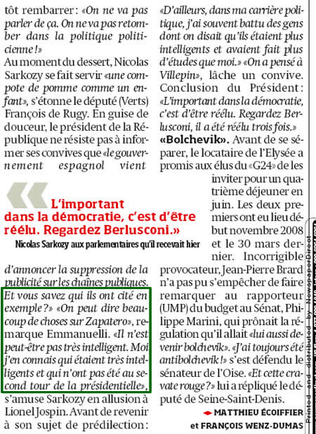 Con recuadro en verde puede leerse en francés el textual del presidente Sarkozy en alusión a Zapatero