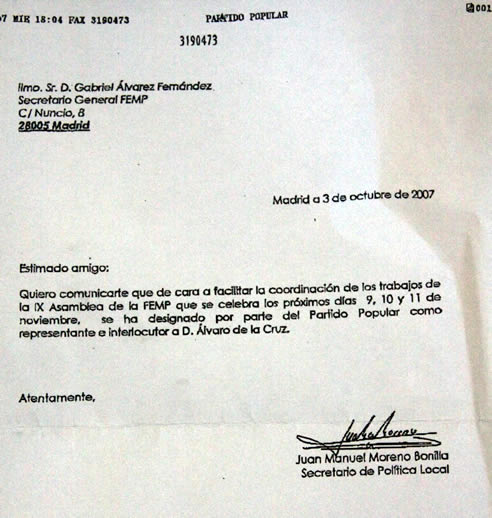 Carta enviada en Octubre de 2007 por el secretario de política local, José Manuel Moreno Bonilla al secretario general de la FEMP, la dirección del PP designó como representante e interlocutor del partido ante la Federación de Municipios a Álvaro de la Cruz.