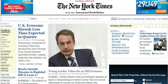 Zapatero, en la portada de 'The New York Times'