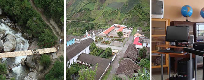 La comunidad de Monte Olivo (centro) se benefició de dos proyectos de las remesas solidarias. La renovación de su puente (izquierda) y la equipación de un aula informática en la escuela (derecha)