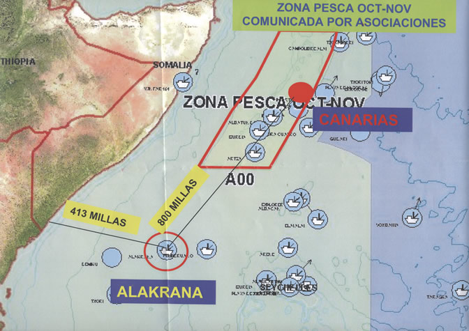 El mapa muestra el lugar donde se produjo el secuestro y lo alejado que el barco estaba de la zona de seguridad. Las coordenadas son 00 12 S 045 38 E