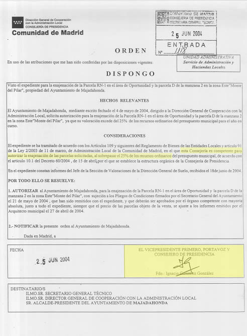 informe oficial que revela que el número dos de Esperanza Aguire, Ignacio González, autorizó la venta de las polémicas parcelas del municipio madrileño de Majadahonda