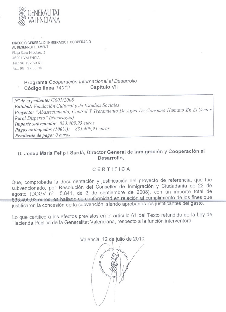 Documento que acredita la subvención otorgada por la Generalitat Valenciana a un proyecto de cooperación internacional en Nicaragua y que finalmente sirvió para la compra de inmuebles en Valencia