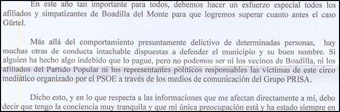 Extracto de la carte del alcalde de Boadilla del Monte en la que acusa al grupo PRISA
