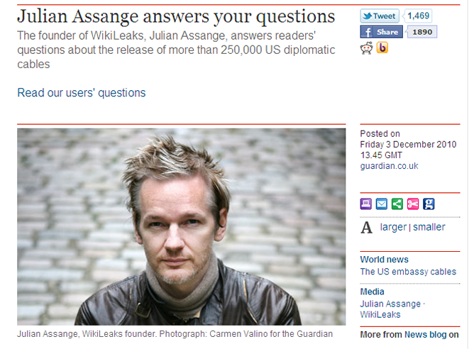 Imagen de la entrevista digital que ha respondido Julian Assange en la página web de 'The Guardian'
