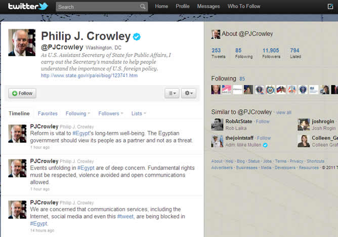 El portavoz del Departamento de Estado Estadounidense, Philip Crowley, habla sobre lo que está ocurriendo en Egipto en su Twitter