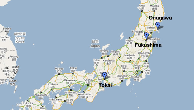Las tres centrales nucleares afectadas en Japón: Fukushima, Onagawa y Tokai
