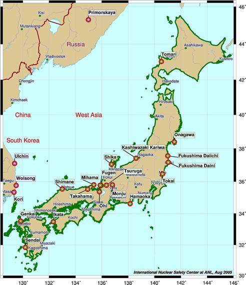 Mapa de Japón donde se señala la localización de los reactores nucleares japoneses facilitado por el Centro Internacional de Seguridad Nuclear en el Laboratorio Nacional Argonne