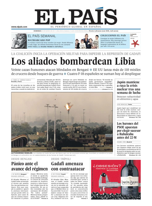 FOTOGALERIA: Portada 'El País': "Los aliados bombardean Libia"