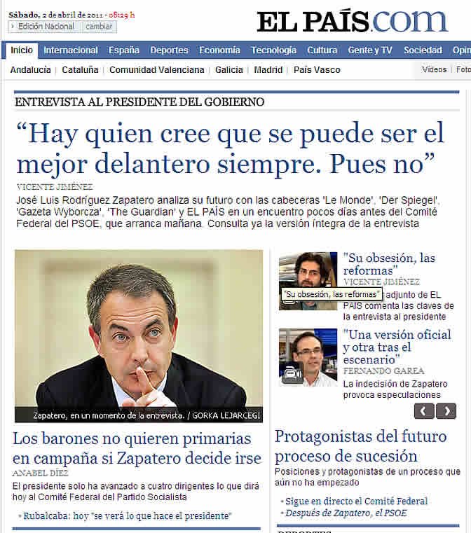 Así refleja el diario 'El País' la entrevista a Rodríguez Zapatero en su versión digital