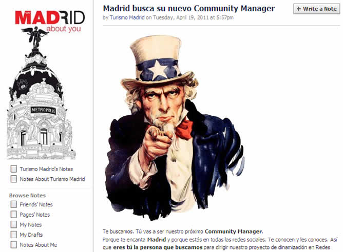 La oferta de  'community manager' de Turismo Madrid que se puede leer en Facebook