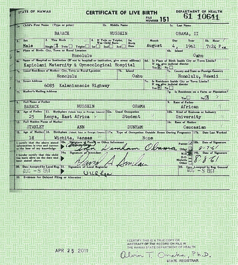 Certificado de nacimiento de Barack Obama, difundido por la Casa Blanca