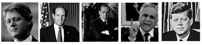 Algunos mandatarios envueltos en escándalos sexuales. De izquierda a derecha, Bill Clinton, Eliot Spitzer, Silvio Berlusconi, Moshe Katsav y John F. Kennedy