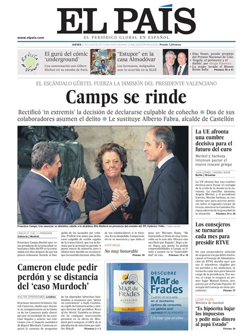 FOTOGALERIA: Portada de 'El País' sobre la dimisión de Camps