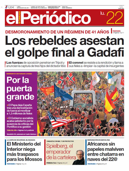Portada de 'El Periódico' (22/08/2011): "Los rebeldes asestan el golpe final a Gadafi"
