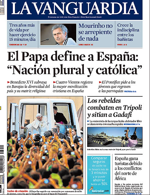 Portada de 'La Vanguardia' (22/08/2011): El Papa define a España: "Nación pluralycatólica"