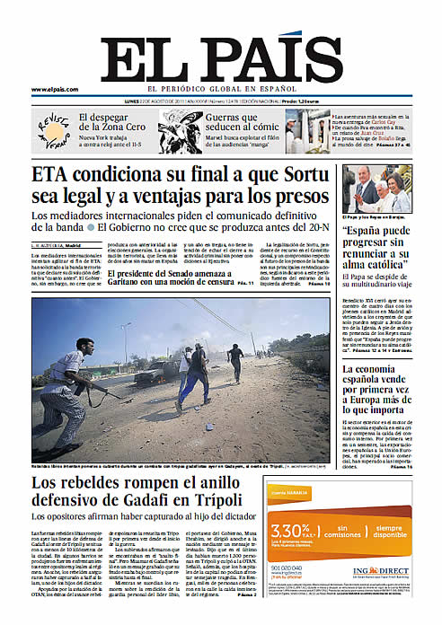 FOTOGALERIA: Portada de 'El País' (22/08/2011)