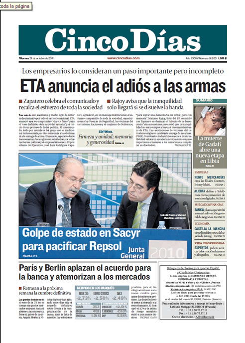 Cinco Días: "ETA anuncia el adiós a las armas" (21/X/2011)
