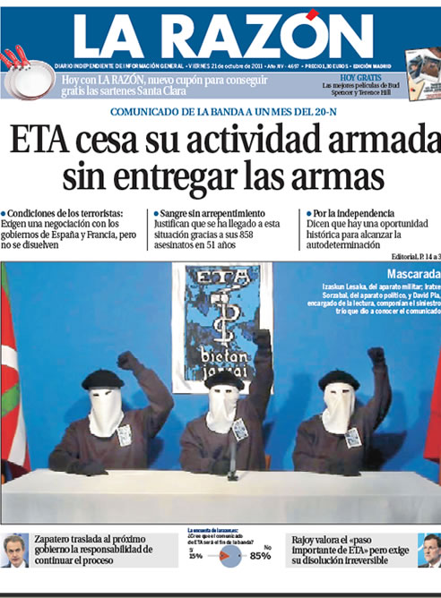 La Razón: "ETA cesa su actividad armada sin entregar las armas" (21/11/11)
