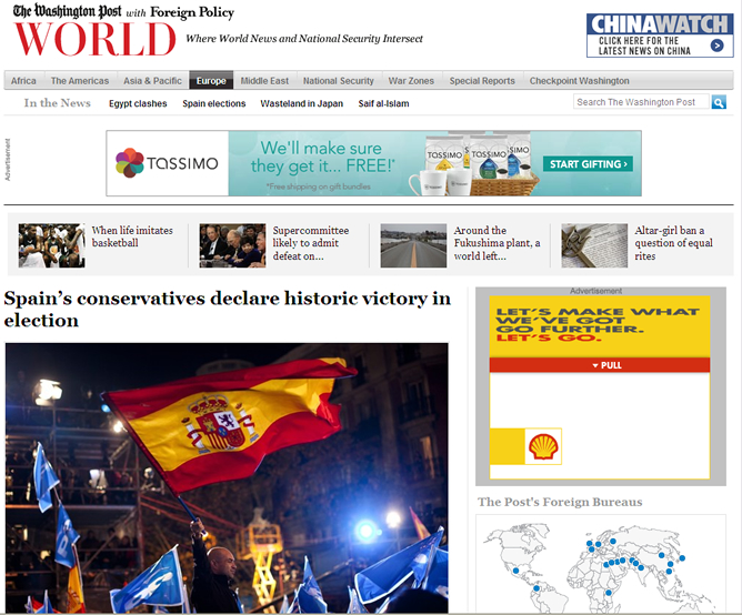 El diario americano dedica parte de su portada en su web a las elecciones en España