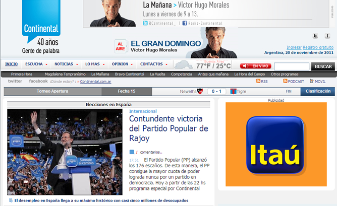 Radio Continental, emisora argentina de PRISA Radio también dedica su apertura a las elecciones generales en España