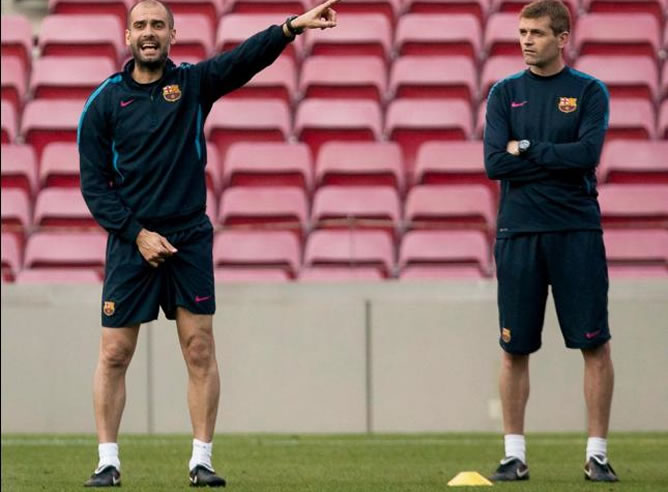 Guardiola y Vilanova, durante un entrenamiento del Barça
