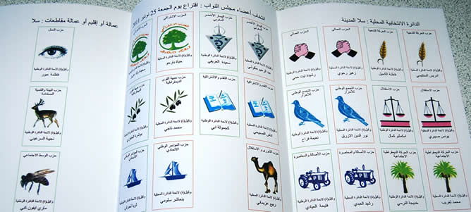 Papeleta electoral, con los símbolos de los partidos a todo color para facilitar el voto a los analfabetos, una gran porcentaje de la población marroquí
