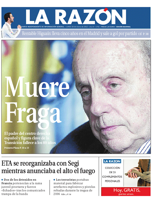 La muerte de Fraga, en la portada de los periódicos