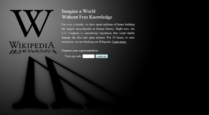 Wikipedia se va a negro por la SOPA