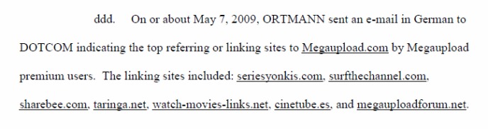 Fragmento de la denuncia del FBI contra Megaupload en el que aparece citada, entre otras webs, SeriesYonkis