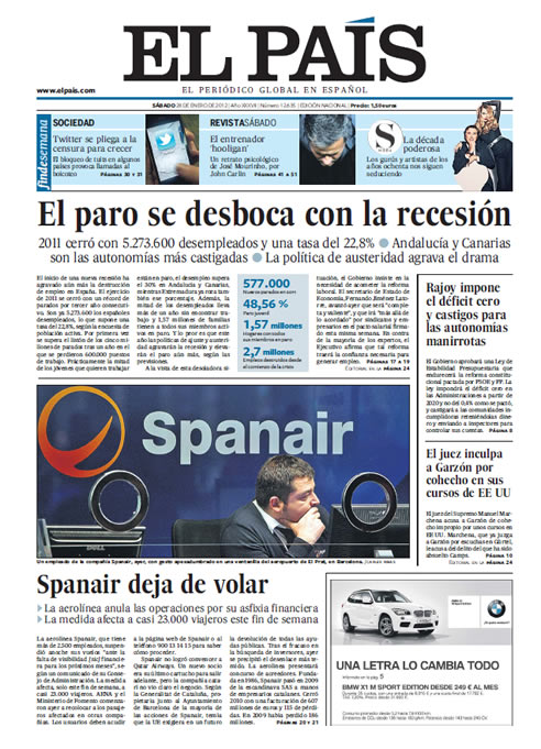 FOTOGALERIA: Portada de 'El País' (28/01/2012)