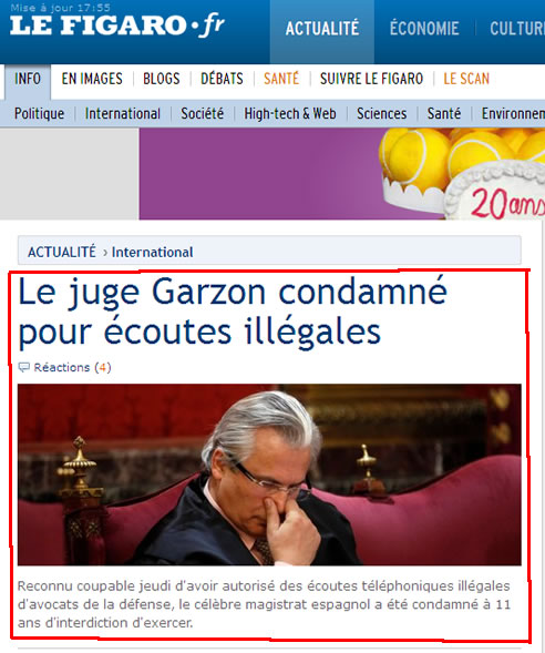 Le Figaro: 'Le juge Garzon condamné pour écoutes illégales'