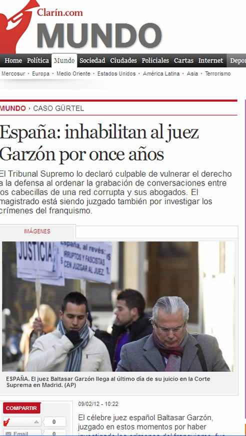 Clarín: "España: inhabilitan al juez Garzón por once años"