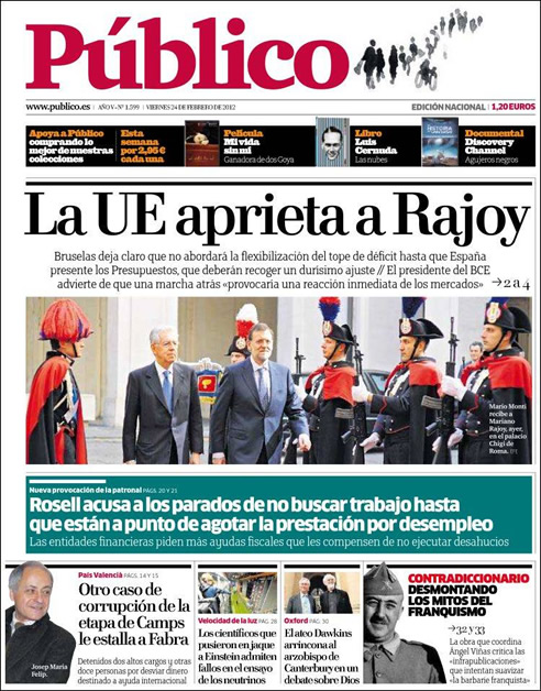 La portada del diario Público de este viernes 24 de febrero de 2012