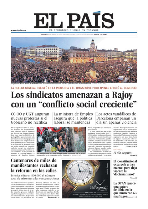 FOTOGALERIA: 'El País': Los sindicatos amenazan a Rajoy con un "conflicto social creciente"